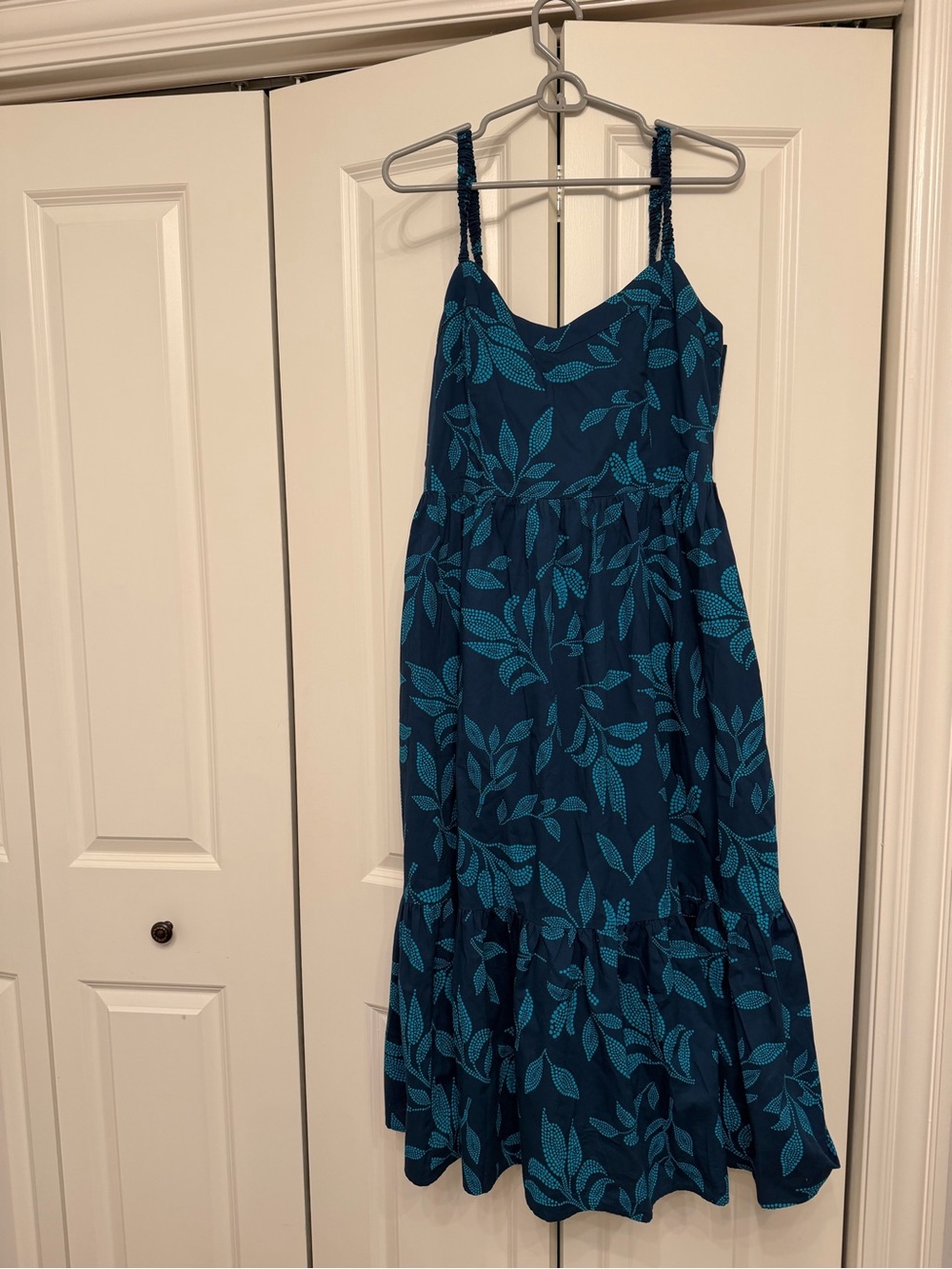 J. Crew Navy Midi Dress with Teal Leaf Print